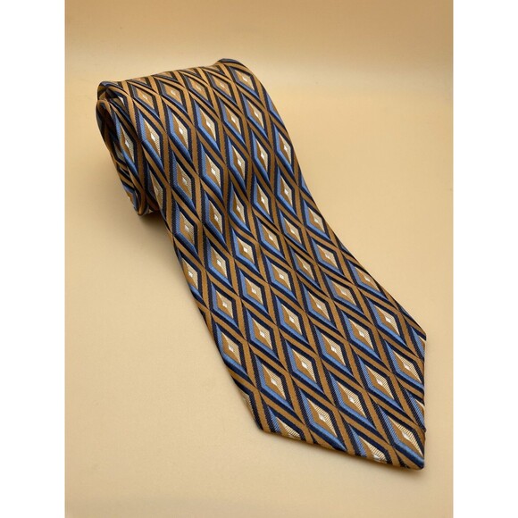 Piattelli Platinum Men's Tie Silk Geometric Diamond Orange Blue Gold USA Made - Picture 8 of 9